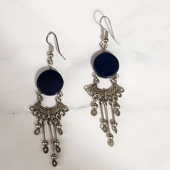 Blue Stone Silver Wire Dangle Earrings - Picture 1 of 5
